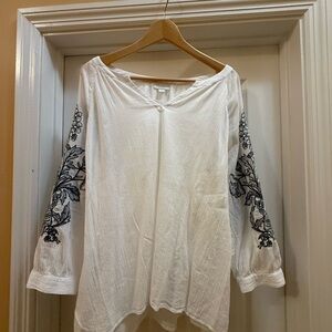 J. Jill White Blouse with Black Embroidery